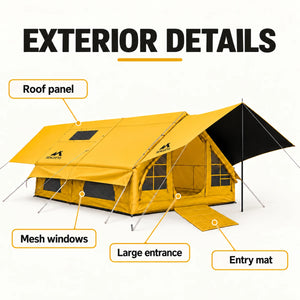 Yellow inflatable tent with labels identifying the large entrance, mesh windows, roof panel and entry mat.