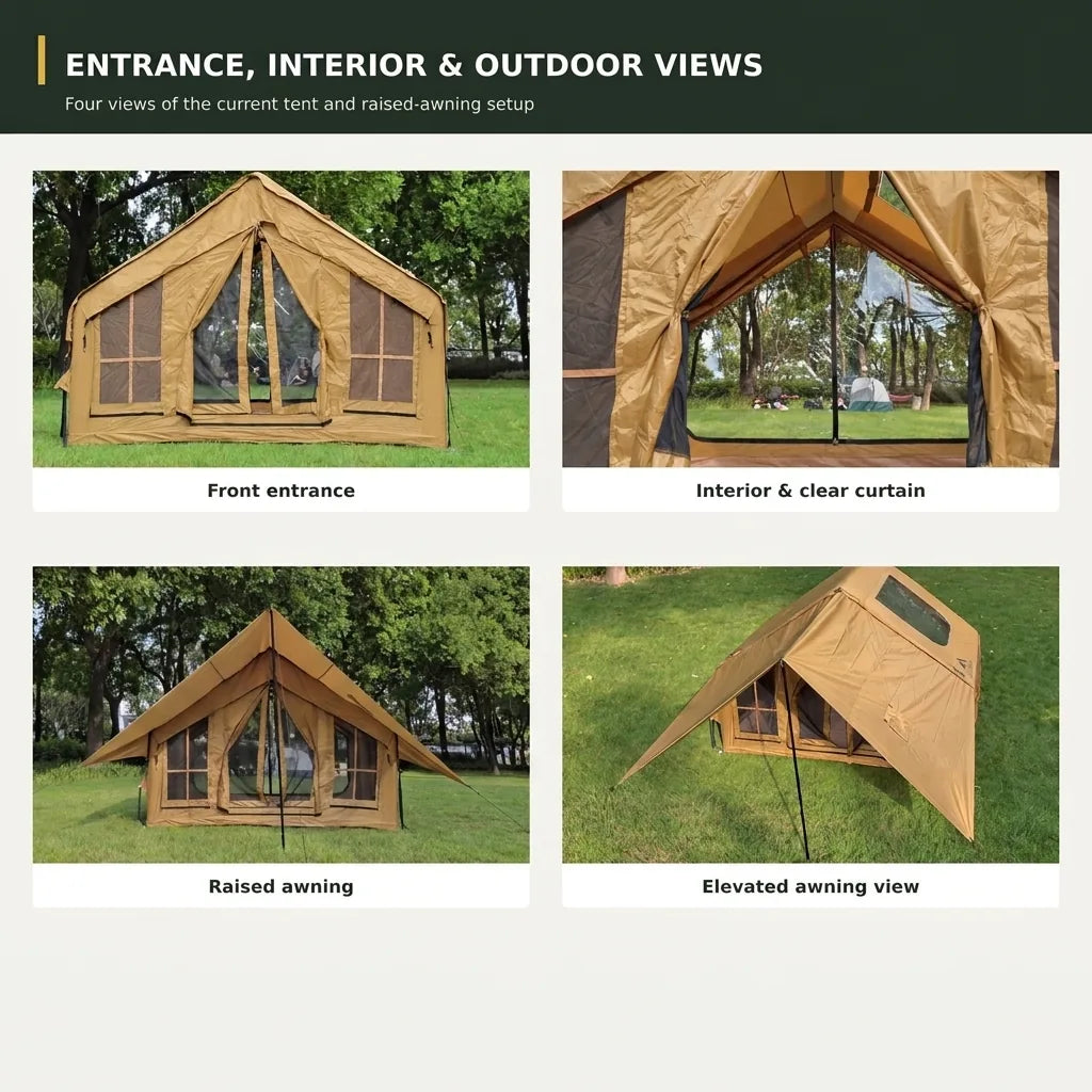 Cabin 7x10 inflatable tent front entrance, interior with clear curtain, and raised-awning outdoor views