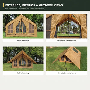 Cabin 7x10 inflatable tent front entrance, interior with clear curtain, and raised-awning outdoor views
