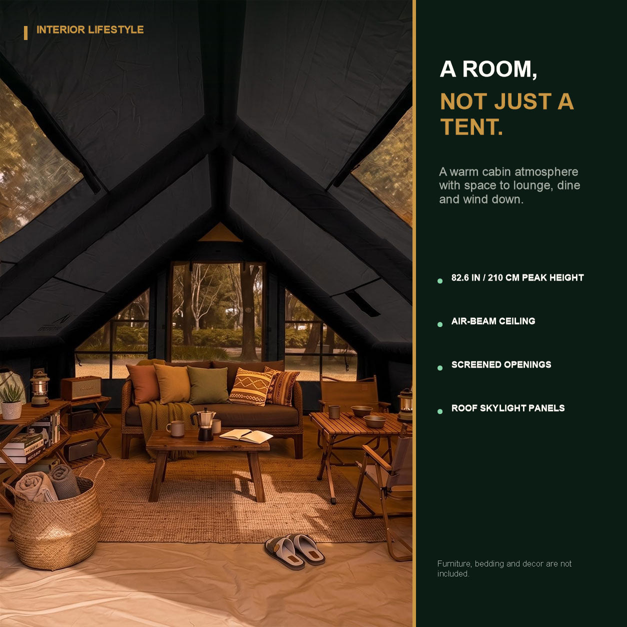 Warm furnished interior of the Senleeto black inflatable cabin tent