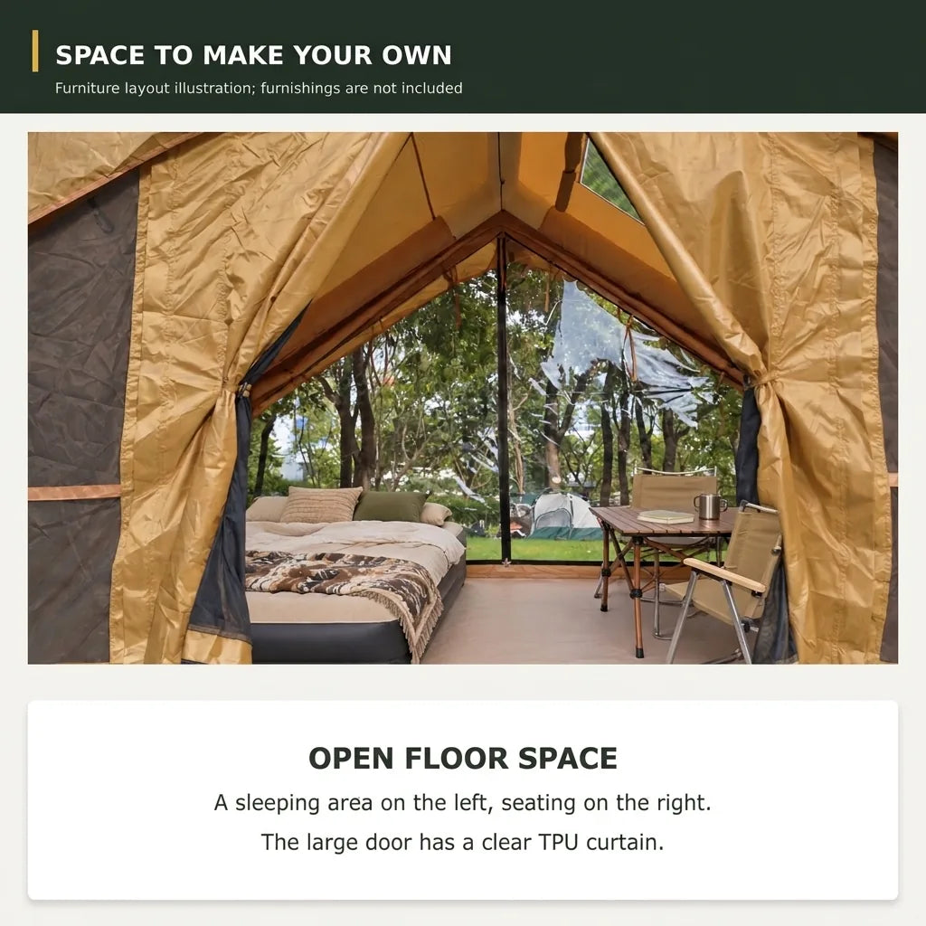 Cabin 7x10 inflatable tent open interior floor space with a sleeping area and seating, large door with clear TPU curtain