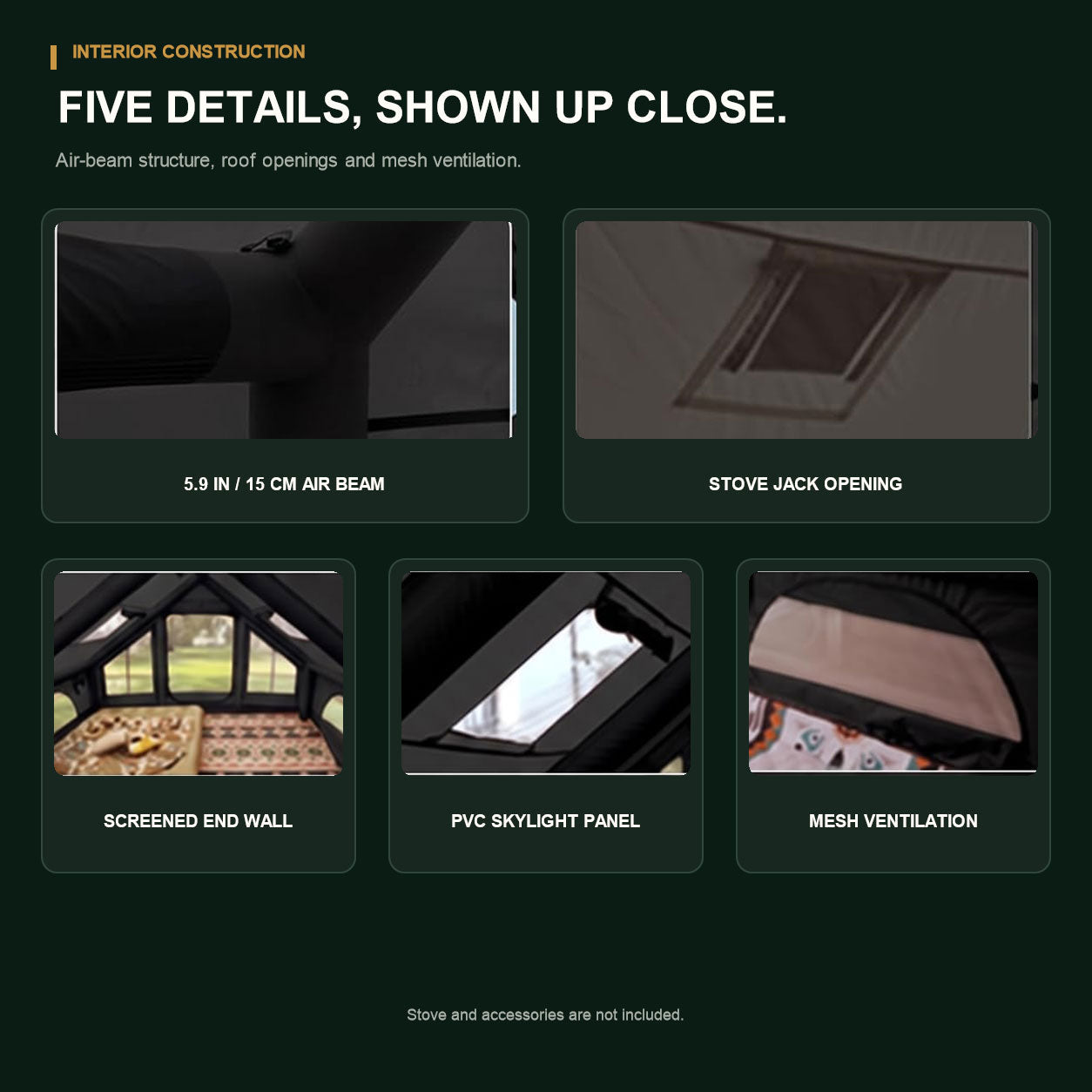 Closeups of Senleeto cabin tent air beams, stove jack, PVC skylight and mesh ventilation