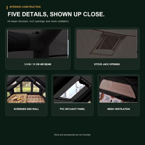 Closeups of Senleeto cabin tent air beams, stove jack, PVC skylight and mesh ventilation