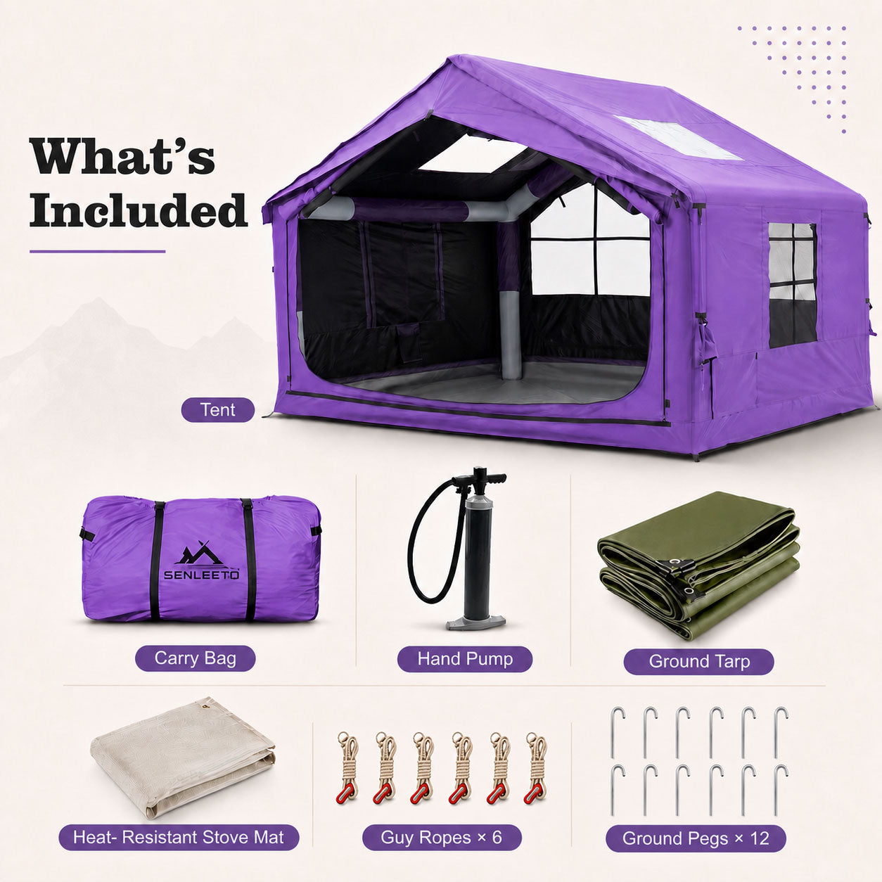 Purple inflatable cabin tent with carry bag, hand pump, ground tarp, stove mat, six guy ropes and twelve pegs