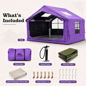 Purple inflatable cabin tent with carry bag, hand pump, ground tarp, stove mat, six guy ropes and twelve pegs