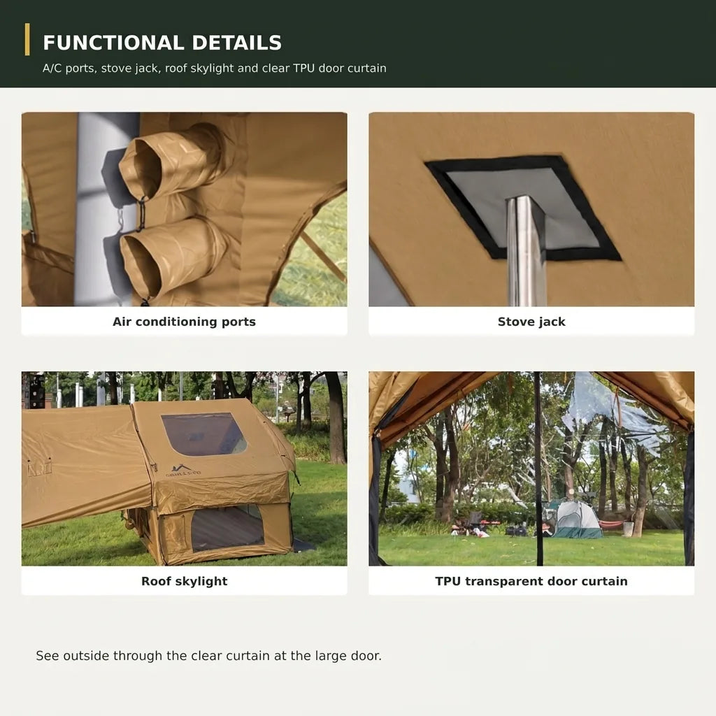 Cabin 7x10 inflatable tent functional details: air conditioning ports, stove jack, roof skylight, and TPU transparent door curtain