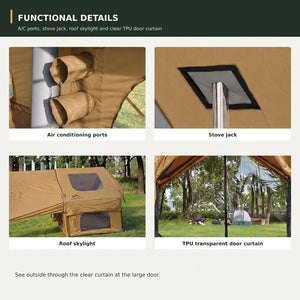Cabin 7x10 inflatable tent functional details: air conditioning ports, stove jack, roof skylight, and TPU transparent door curtain