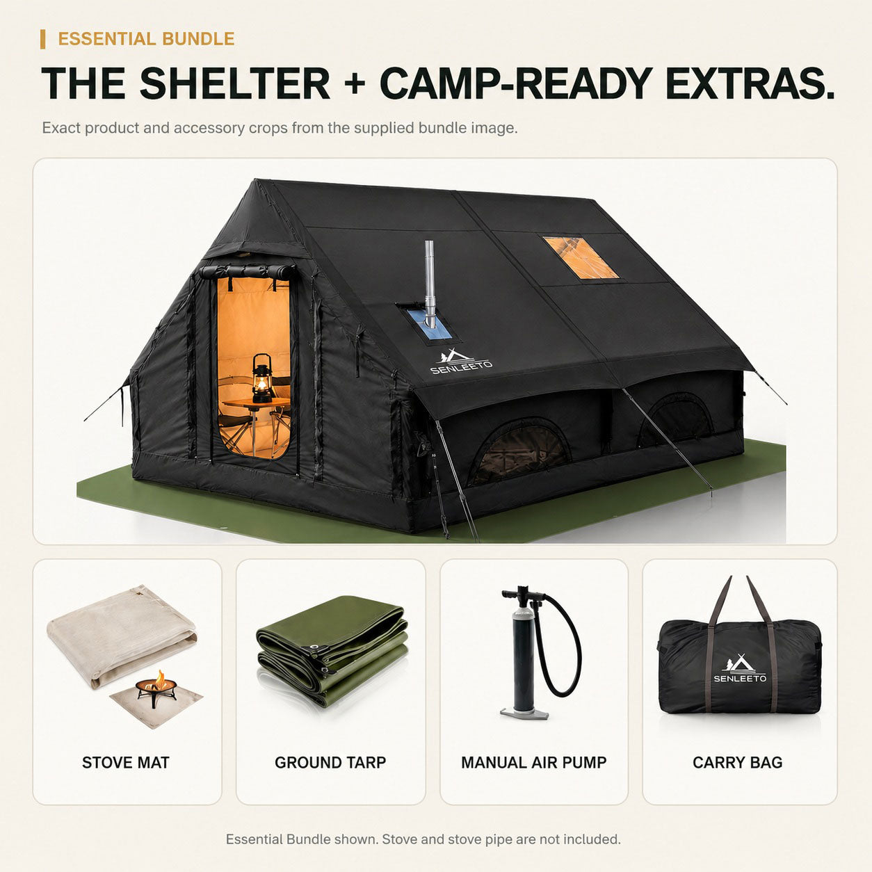 Senleeto inflatable cabin tent Essential Bundle with stove mat, ground tarp, hand pump and carry bag