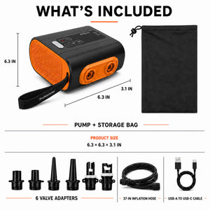 SENLEETO electric air pump kit with hose, six adapters, USB-C cable, storage bag and dimensions
