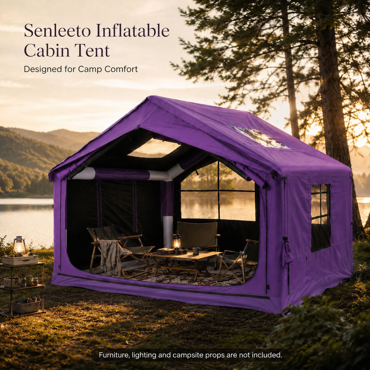 Purple Senleeto inflatable cabin tent furnished for a relaxing lakeside campsite at sunset