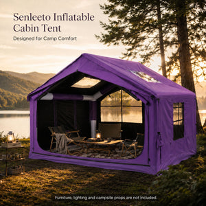 Purple Senleeto inflatable cabin tent furnished for a relaxing lakeside campsite at sunset