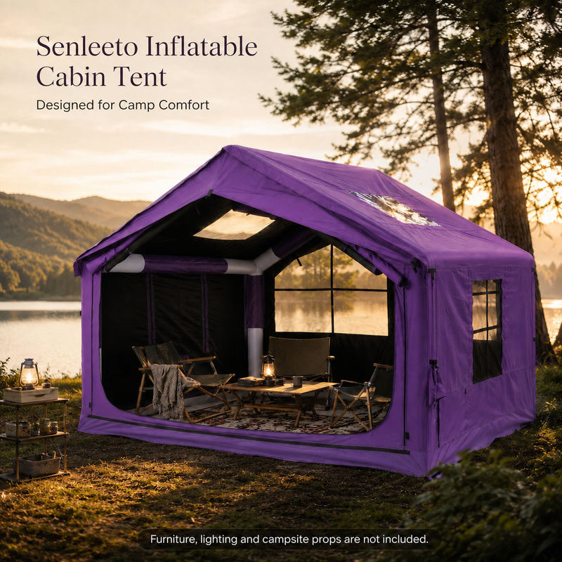 Purple Senleeto inflatable cabin tent furnished for a relaxing lakeside campsite at sunset