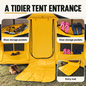 Yellow inflatable tent entrance showing the entry mat and close-ups of the shoe storage pockets.