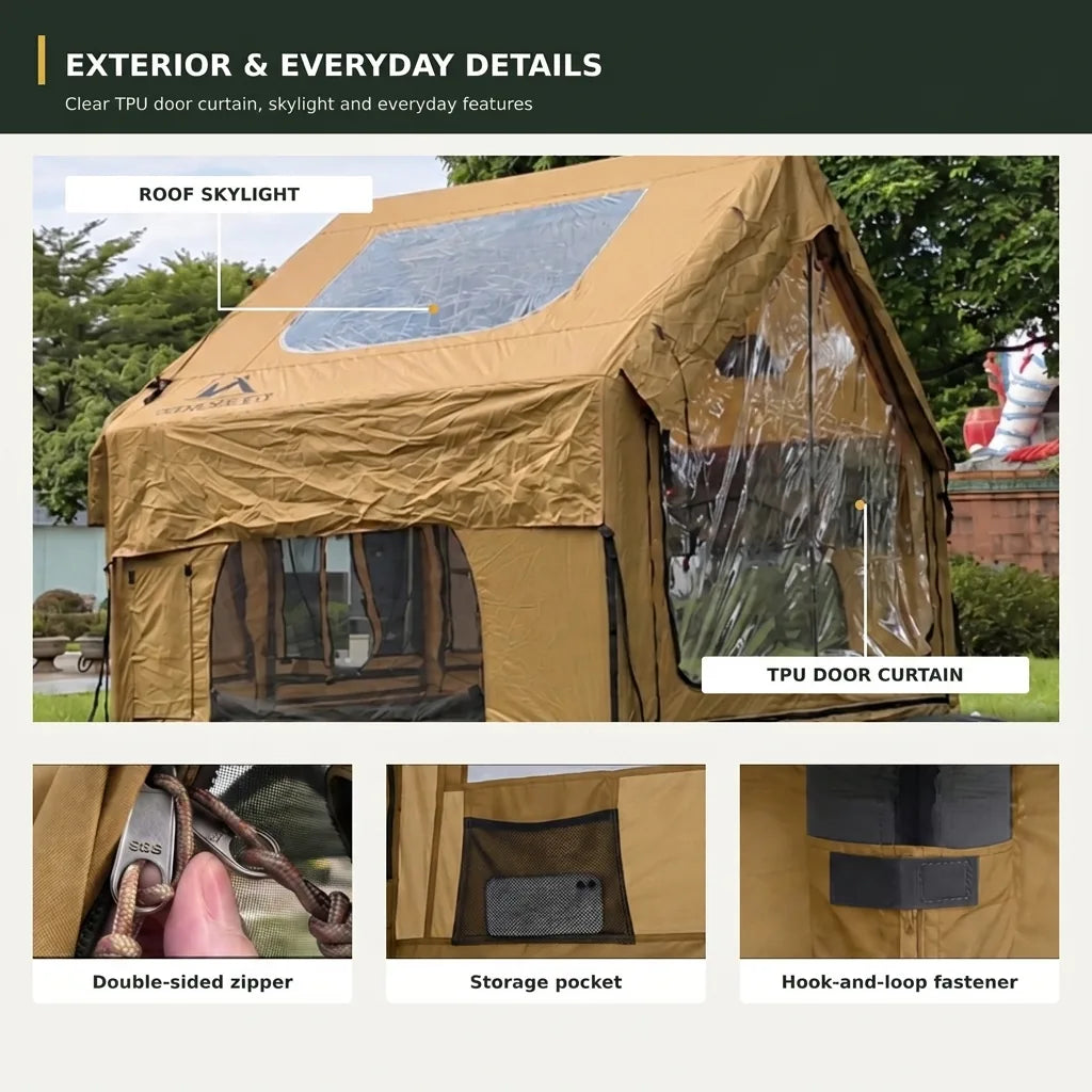Cabin 7x10 inflatable tent exterior details: roof skylight, TPU door curtain, double-sided zipper, storage pocket, and hook-and-loop fastener