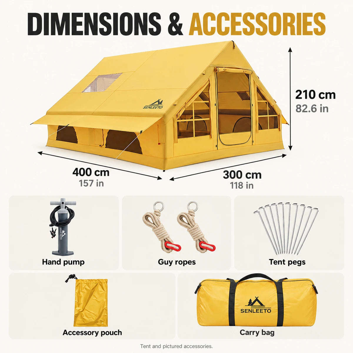 Yellow inflatable tent dimension diagram and accessories including a hand pump, guy ropes, pegs, pouch and carry bag.