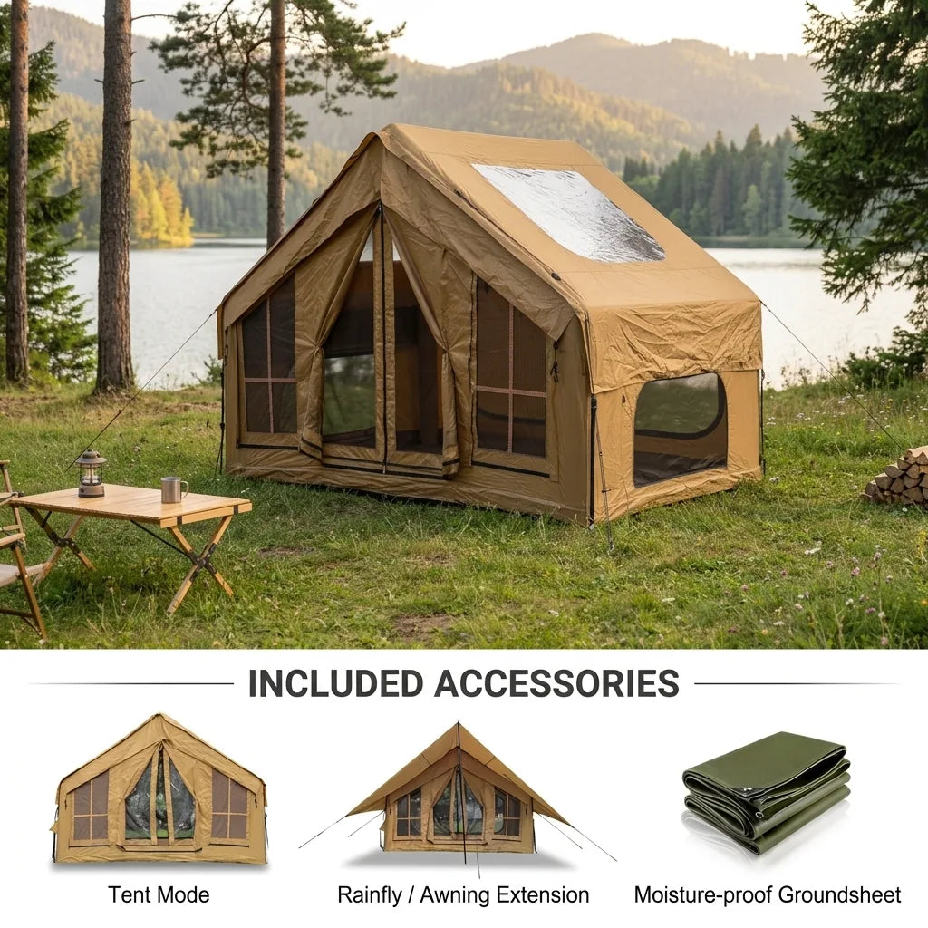 Cabin 7x10 inflatable tent pitched by a mountain lake, shown with included accessories: tent mode, rainfly awning extension, and moisture-proof groundsheet