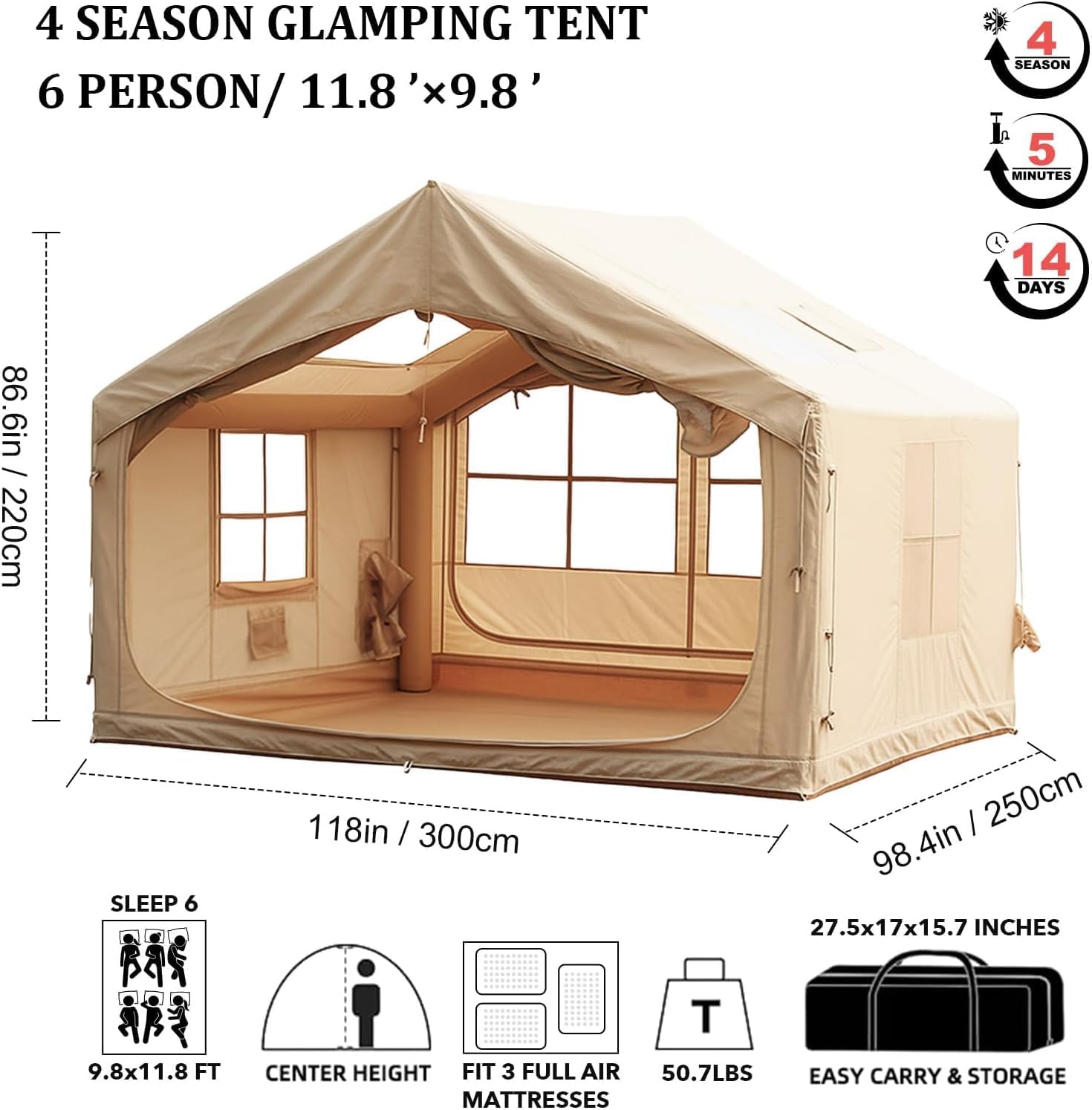 Senleeto 6-8 Person Inflatable Cabin Tent | 4-Season All-Weather Shelter with Stove Jack & Quick Setup