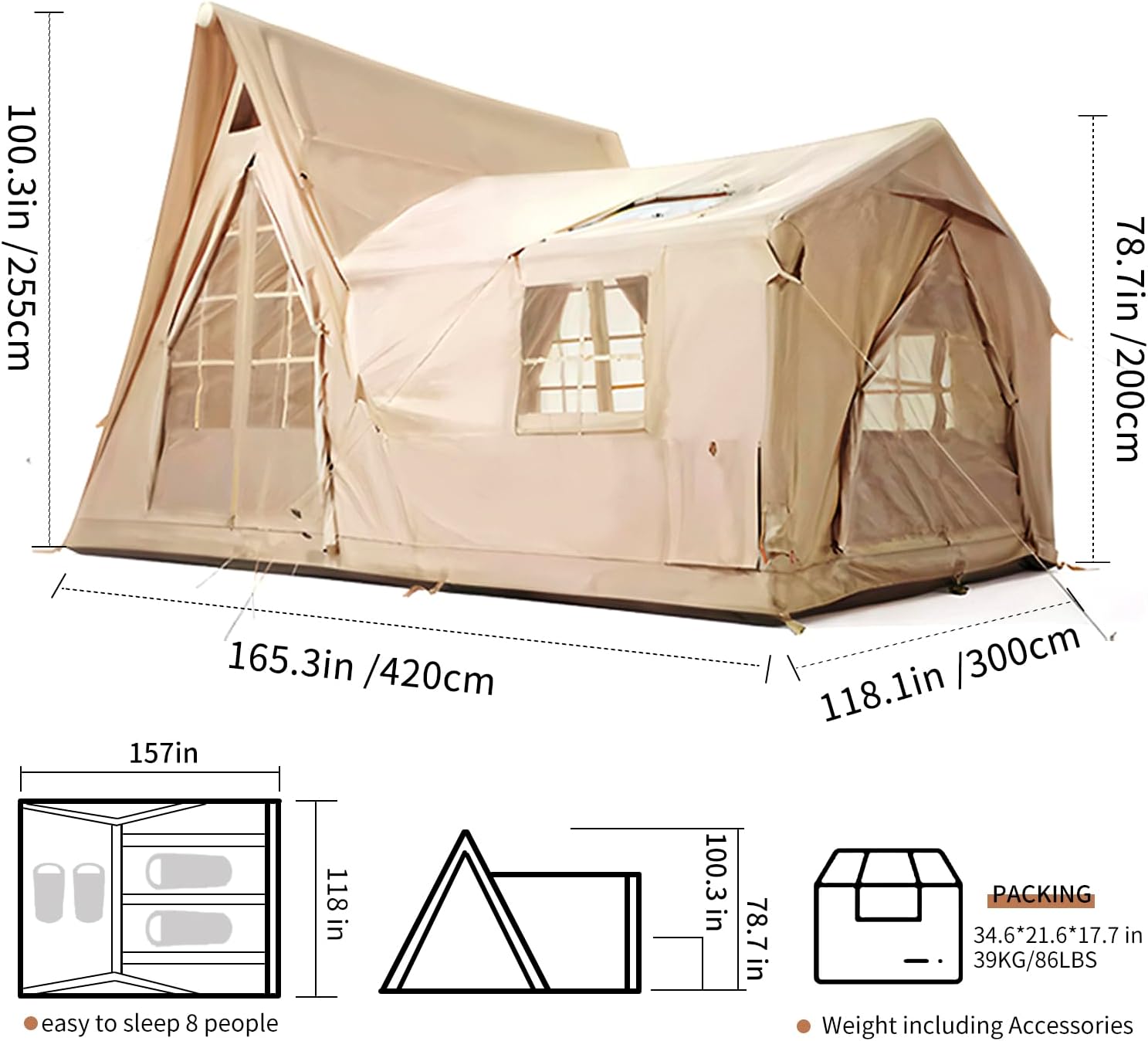 Senleeto 8-10 Person 4-Season Waterproof Inflatable Cabin Tent with Stove Jack, 135 sq ft