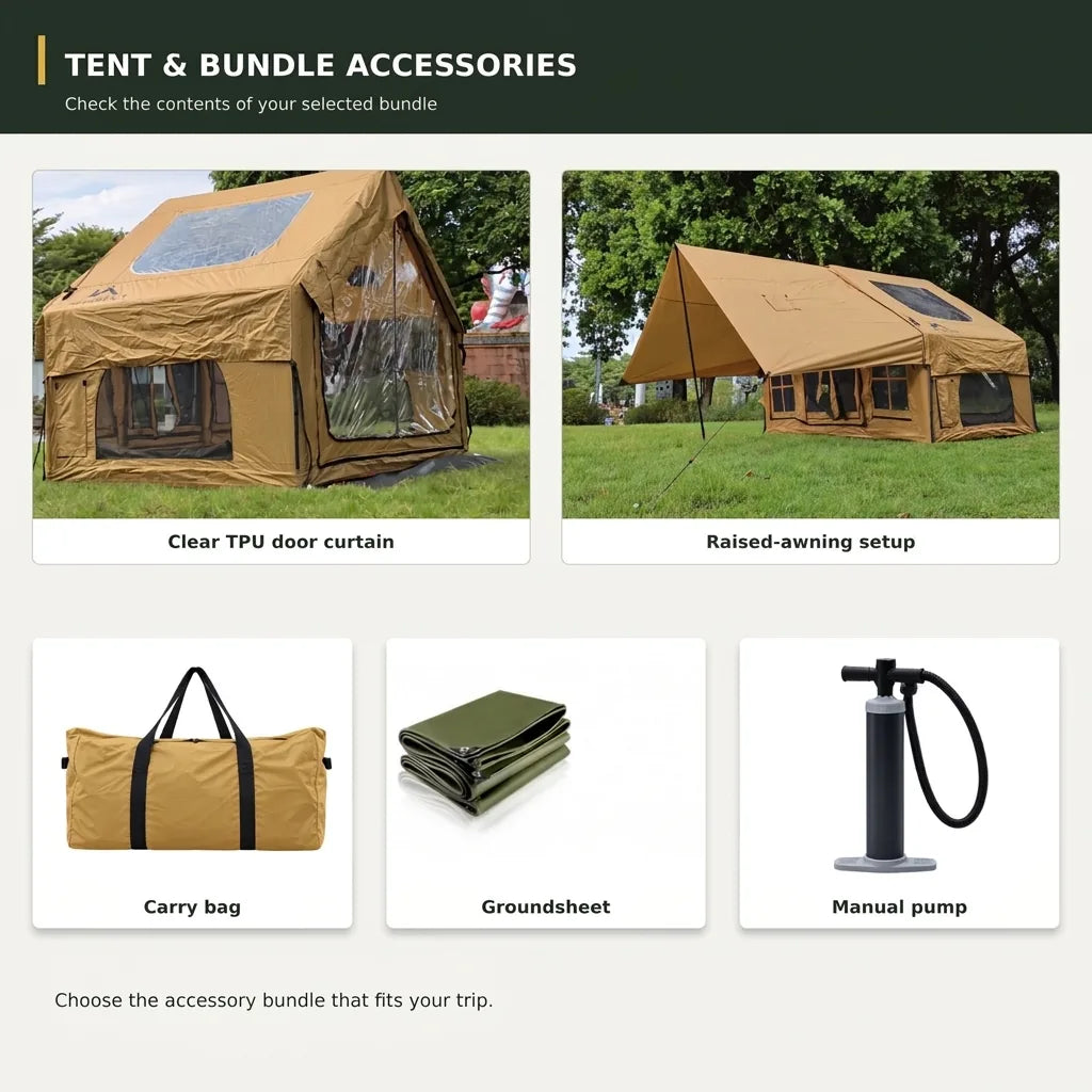 Cabin 7x10 inflatable tent and bundle accessories: clear TPU door curtain, raised-awning setup, carry bag, groundsheet, and manual pump