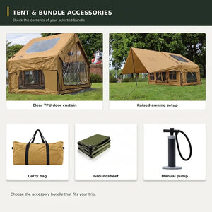 Cabin 7x10 inflatable tent and bundle accessories: clear TPU door curtain, raised-awning setup, carry bag, groundsheet, and manual pump