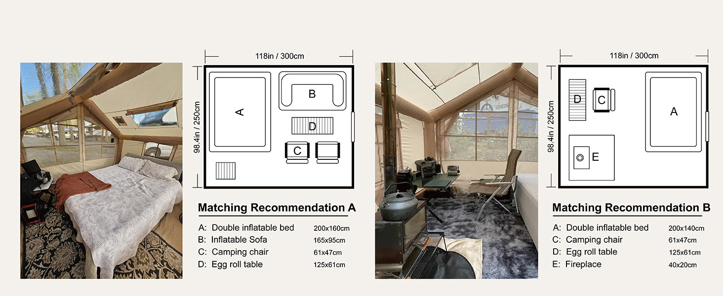 Senleeto 118x98in glamping tent floor plan: 2 interior layouts featuring a double bed, sofa, and winter fireplace setup.