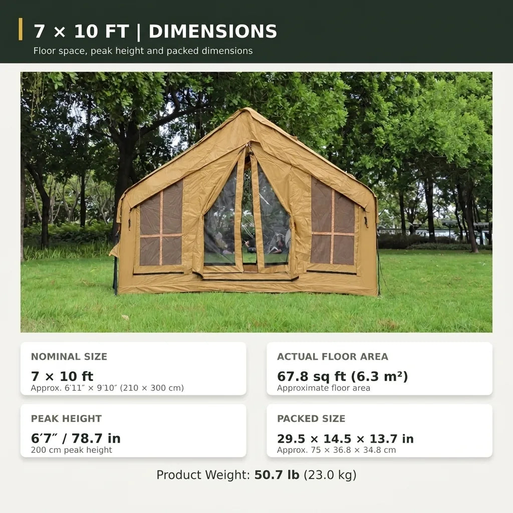 Cabin 7x10 inflatable tent dimensions: 7 x 10 ft nominal size, 67.8 sq ft floor area, 78.7 in peak height, packed size 29.5 x 14.5 x 13.7 in, weight 50.7 lb