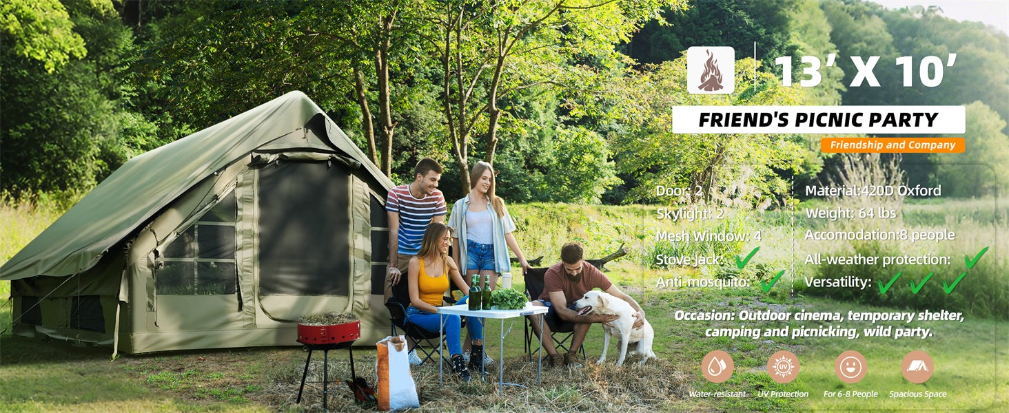 Senleeto 13x10 ft olive green camping tent for 8 people, showing friends having a sunny outdoor picnic party.