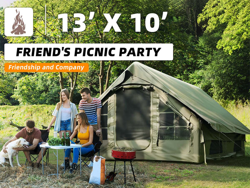 Senleeto 13x10 ft olive green camping tent for 8 people, showing friends having a sunny outdoor picnic party.