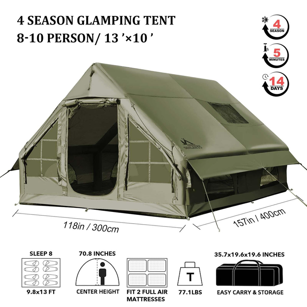 Senleeto 8-10 Person Green Inflatable Tent | All-Weather Shelter with AC Port & Stove Jack