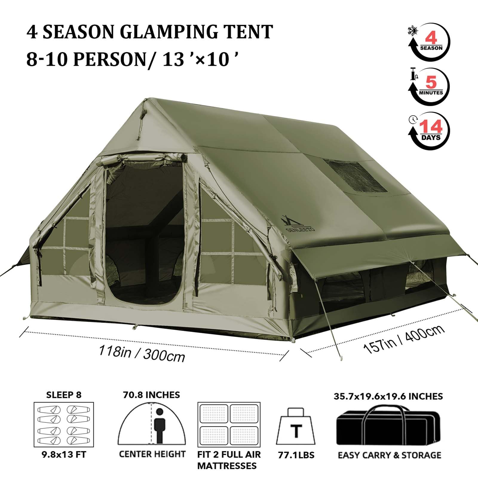 Inflatable Tent, 129 sq ft, Army Green
