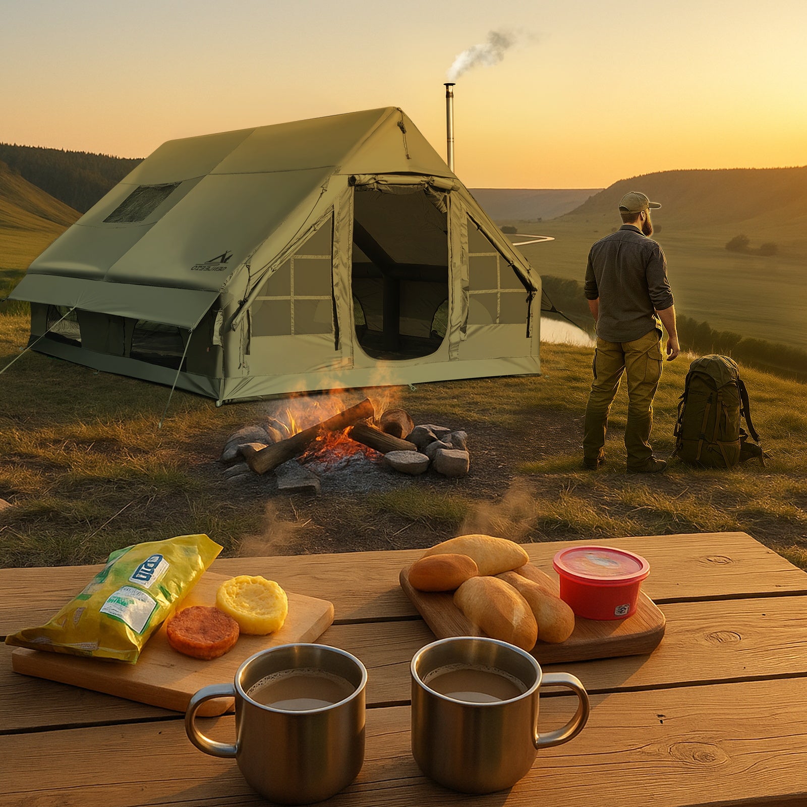 Inflatable Tent, 129 sq ft, Army Green