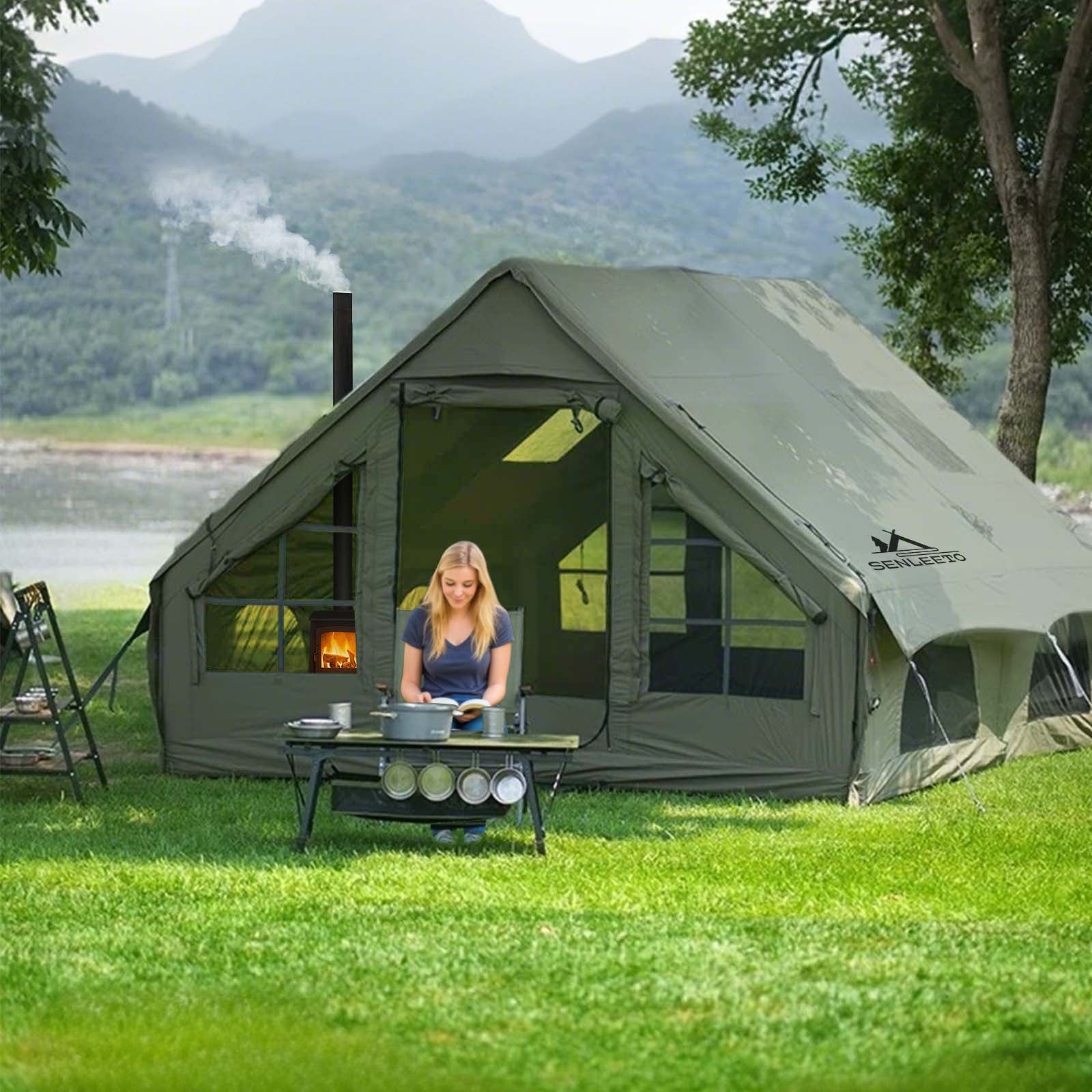 Inflatable Tent, 129 sq ft, Army Green