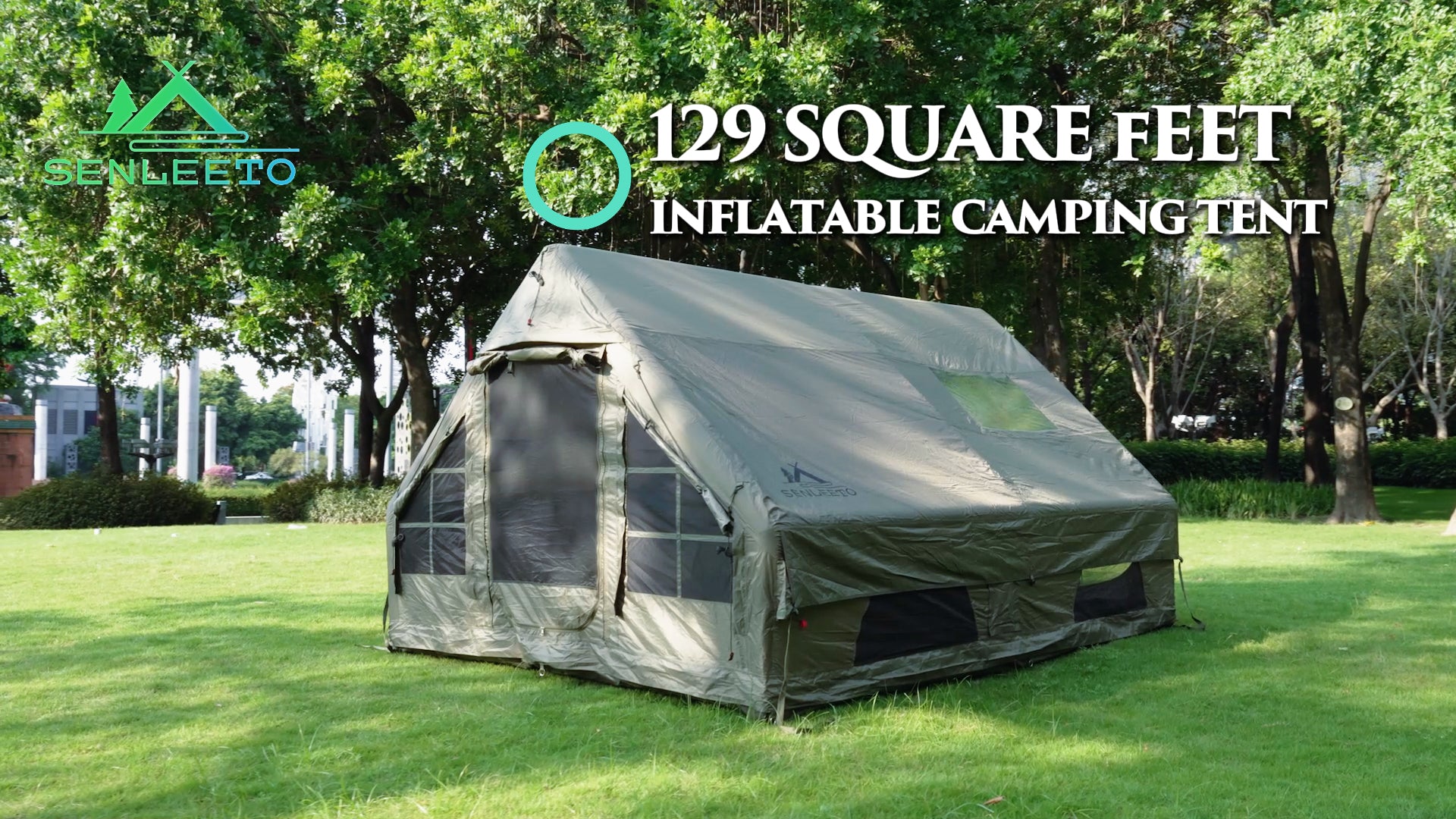 Senleeto 129 square feet large inflatable cabin tent pitched on grass. Quick setup waterproof glamping tent.