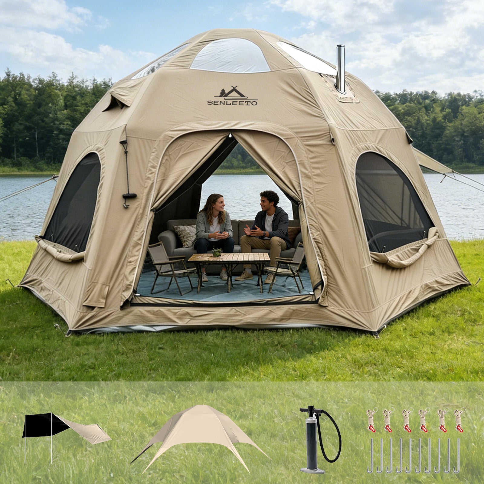 Senleeto™ Halo Dome: 6-8 Person Luxury Inflatable Glamping Tent with AC Port (Beige)