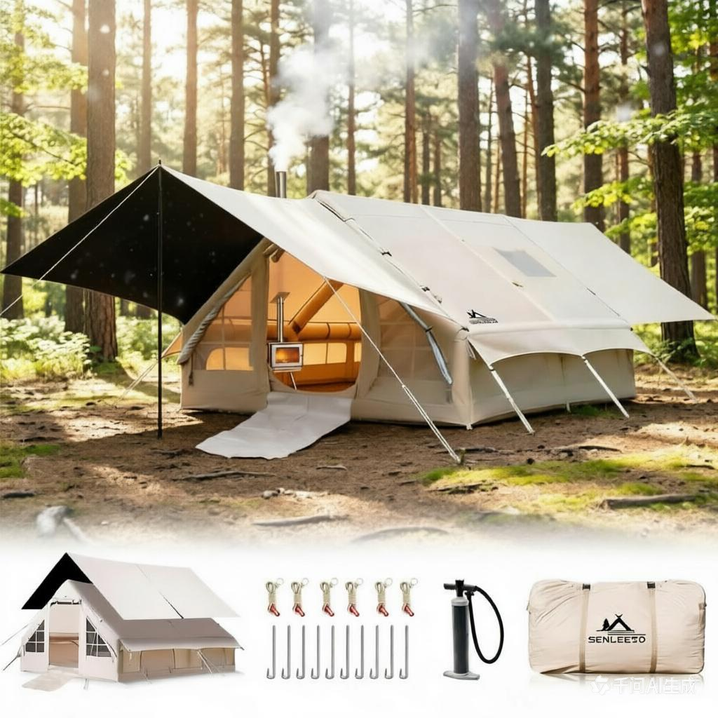 Senleeto™ Grand Lodge: 8-10 Person Inflatable Glamping Tent with Full Rainfly (Beige)