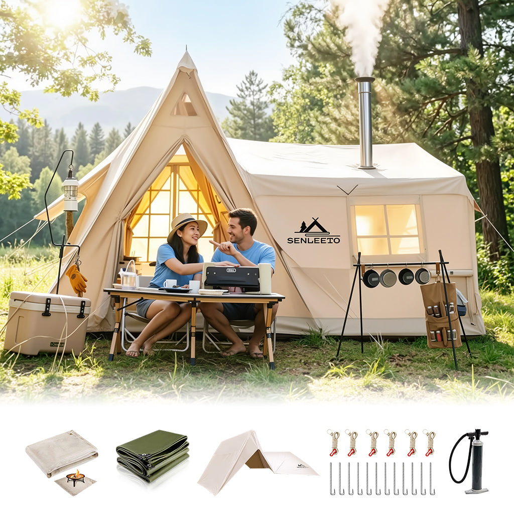 Senleeto™ Grand Air Cabin: 8-10 Person Inflatable Glamping Tent with Stove Jack (4-Season)