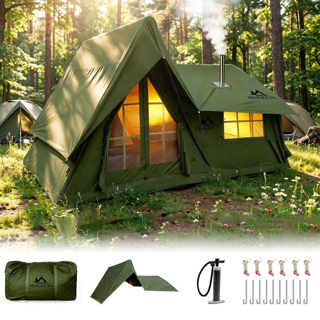 Senleeto™ Forest Air Cabin: 8-10 Person Heavy-Duty Inflatable Tent with Stove Jack (Green)