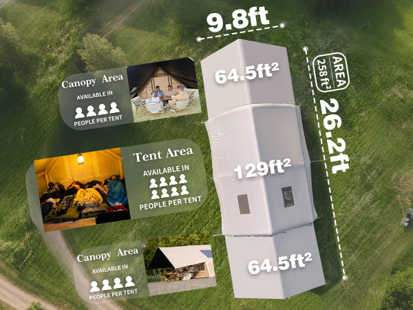 Aerial view of 26.2ft Senleeto inflatable tent: 258 sq ft total area with sleeping and dual canopy zones for 16 people.