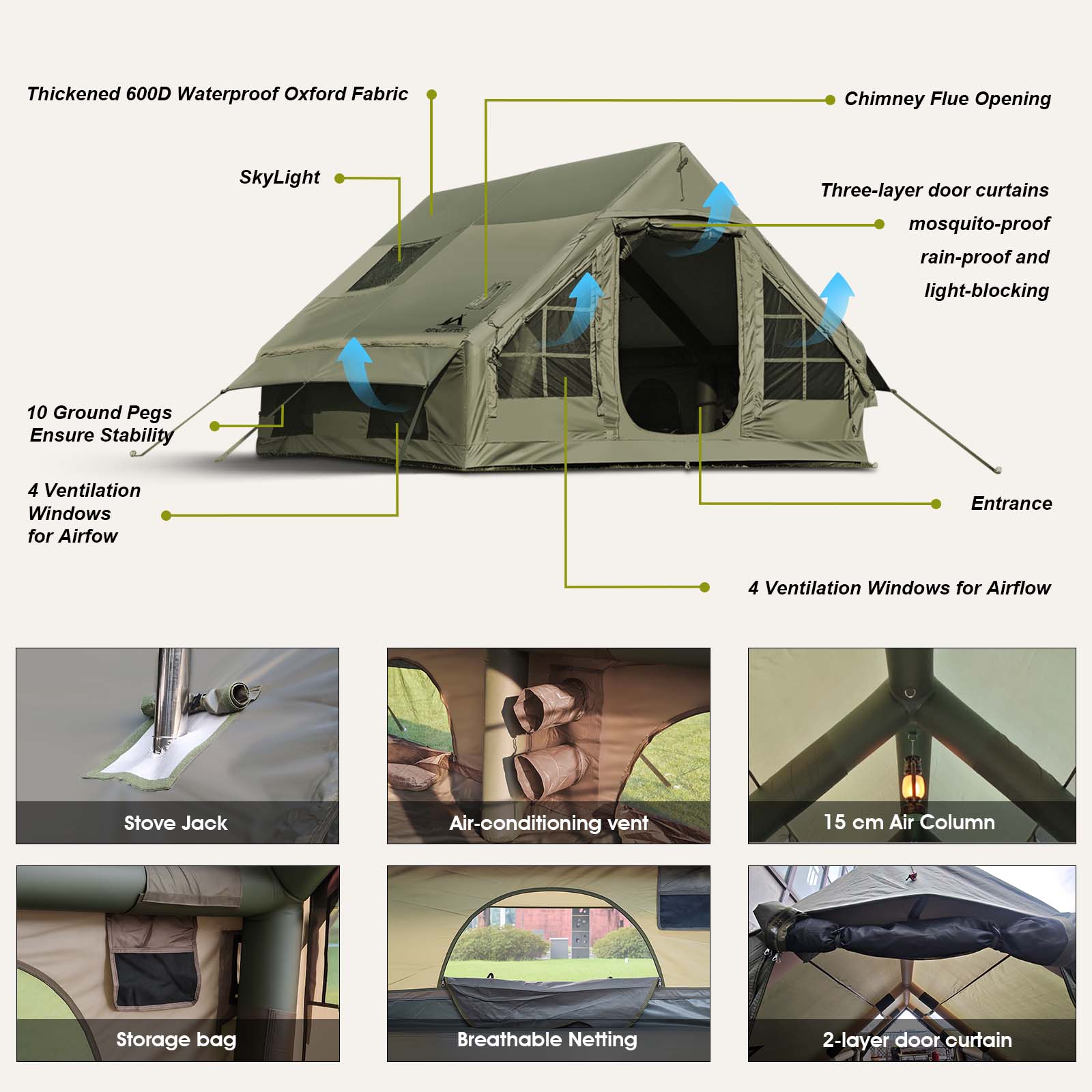 Inflatable Tent, 129 sq ft, Army Green