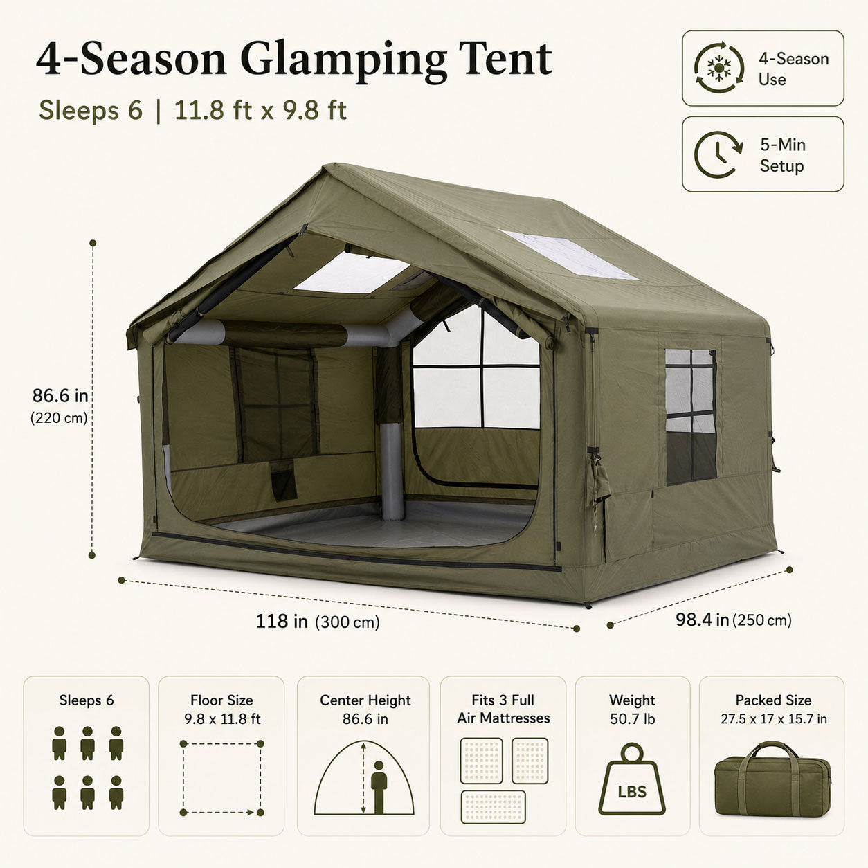 Senleeto 4-6 person green inflatable cabin tent with 118x98.4in floor, 86.6in peak height, 50.7 lbs packed weight, 4-season