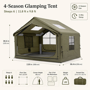 Senleeto 4-6 person green inflatable cabin tent with 118x98.4in floor, 86.6in peak height, 50.7 lbs packed weight, 4-season