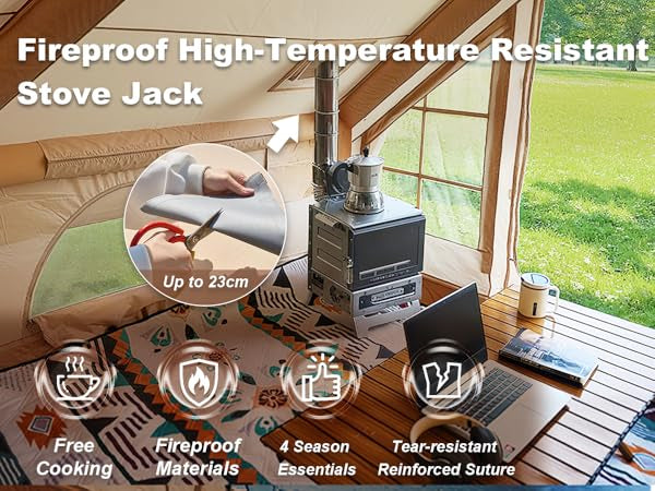 Senleeto hot tent: fireproof high-temp stove jack for winter camping. 4-season glamping with wood stove interior.