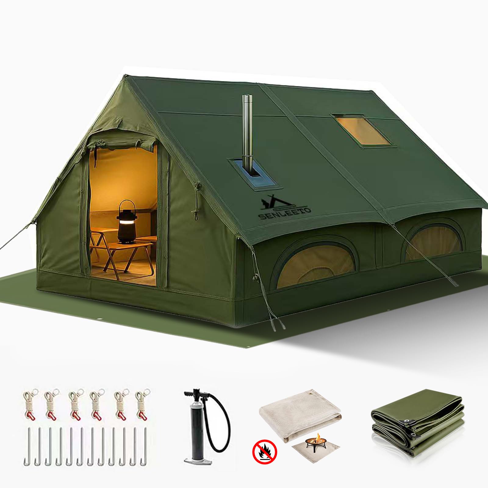 Waterproof green inflatable glamping tent with stove jack opening and full accessory kit for 4-season winter camping.