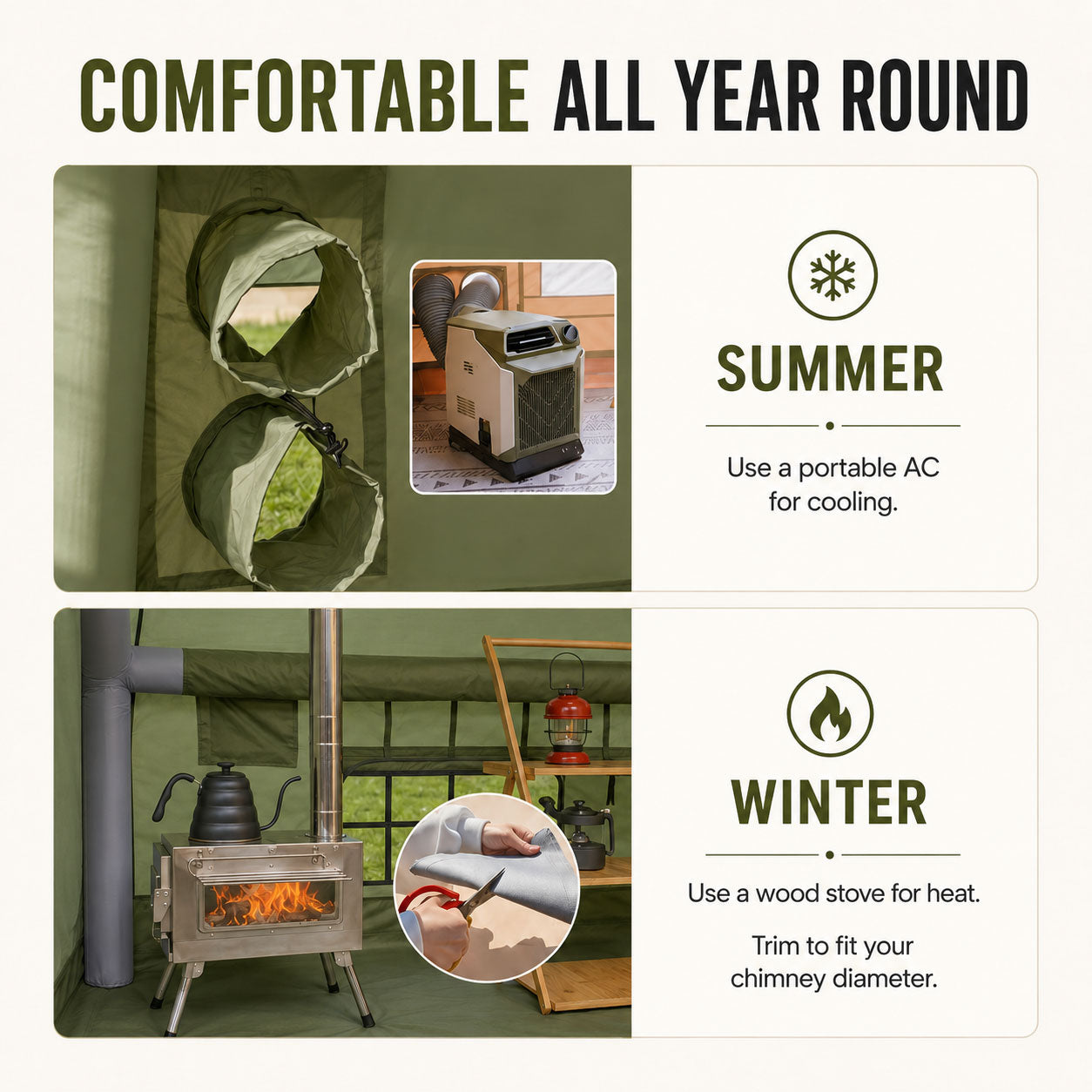 4-season tactical inflatable tent showing AC port for summer cooling and stove jack with chimney flue for winter wood stove