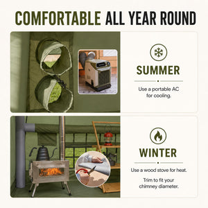 4-season tactical inflatable tent showing AC port for summer cooling and stove jack with chimney flue for winter wood stove