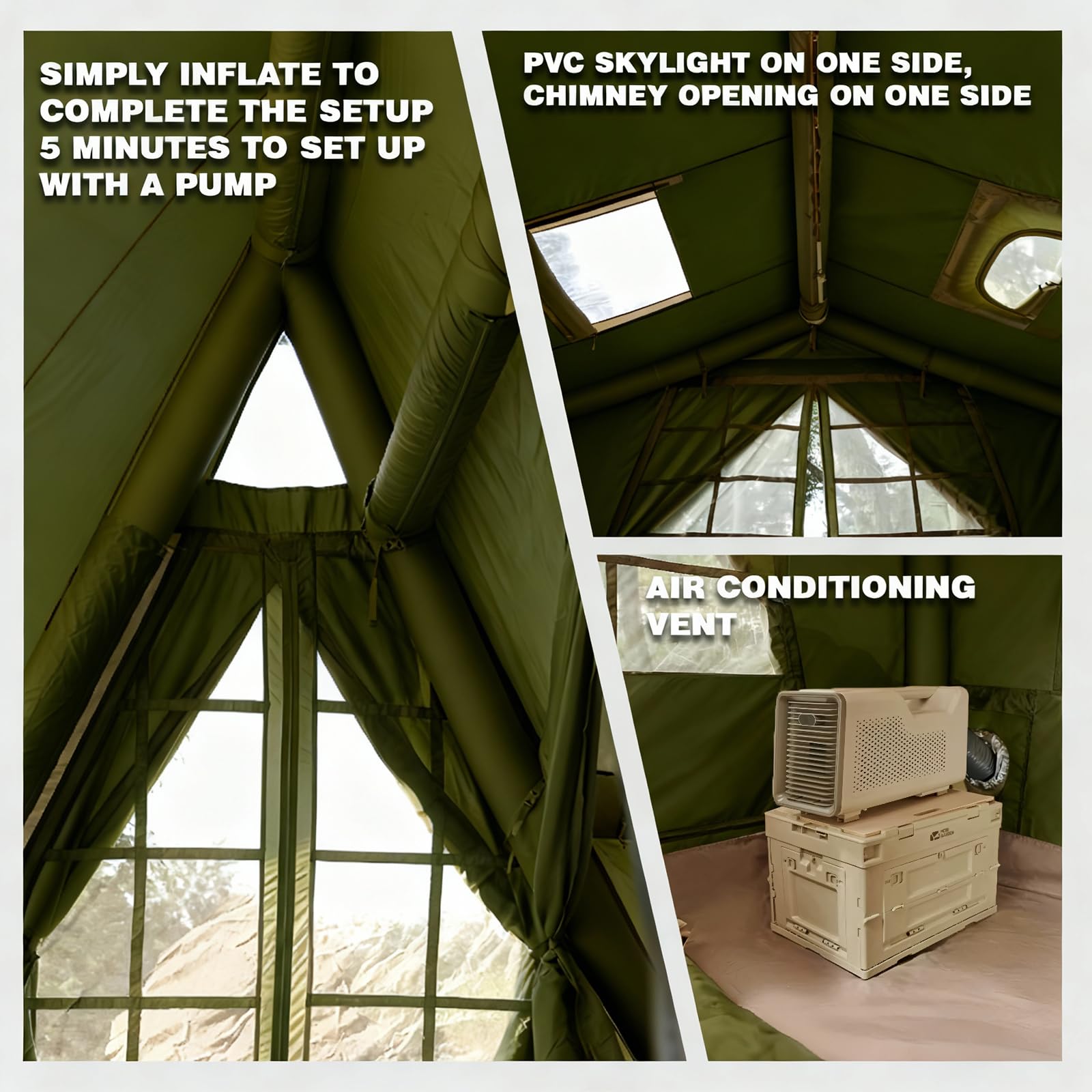 Quick setup: 5-min inflation, wood stove jack, PVC skylight, and AC vent for all-season tent comfort.