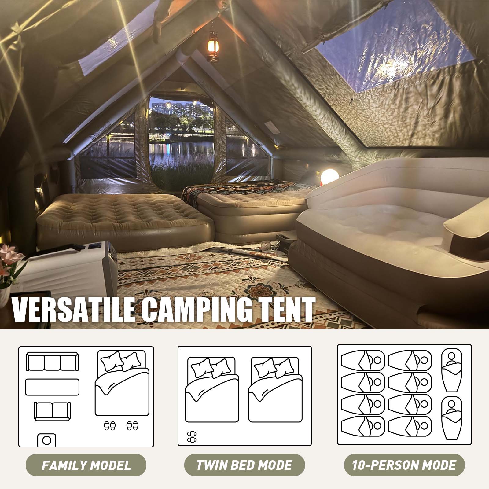 Inflatable Tent, 129 sq ft, Army Green