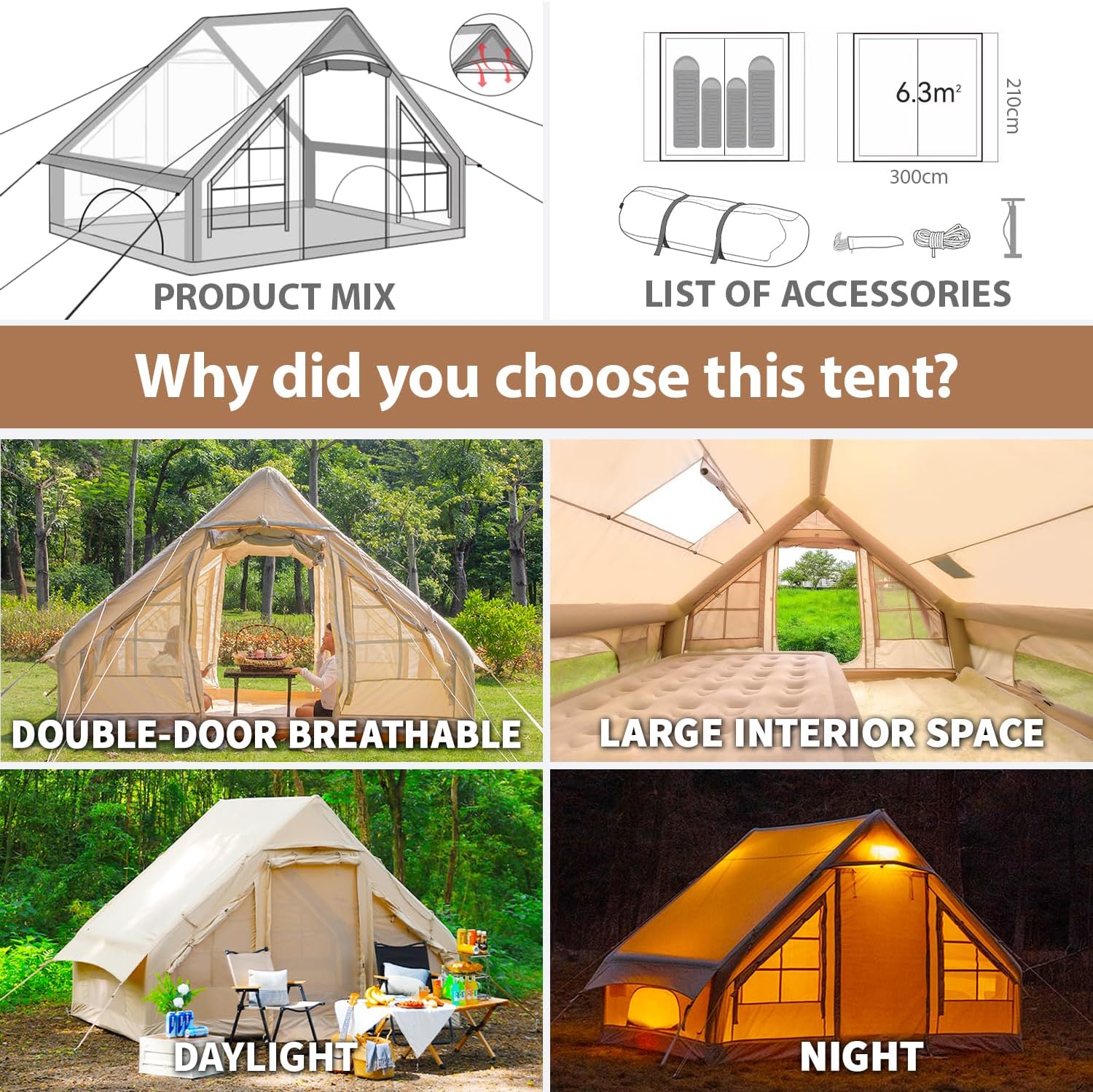 SENLEETO 4-6 Person Inflatable Tent with AC Port | Instant Setup Glamping & Family Tent for All-Season Camping