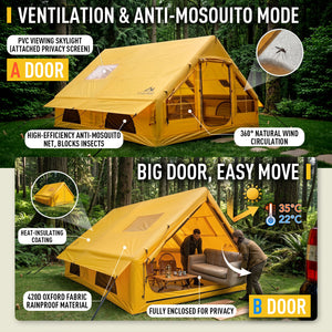 Tent doors showing anti-mosquito mesh for ventilation, and a large insulated privacy door for moving furniture.