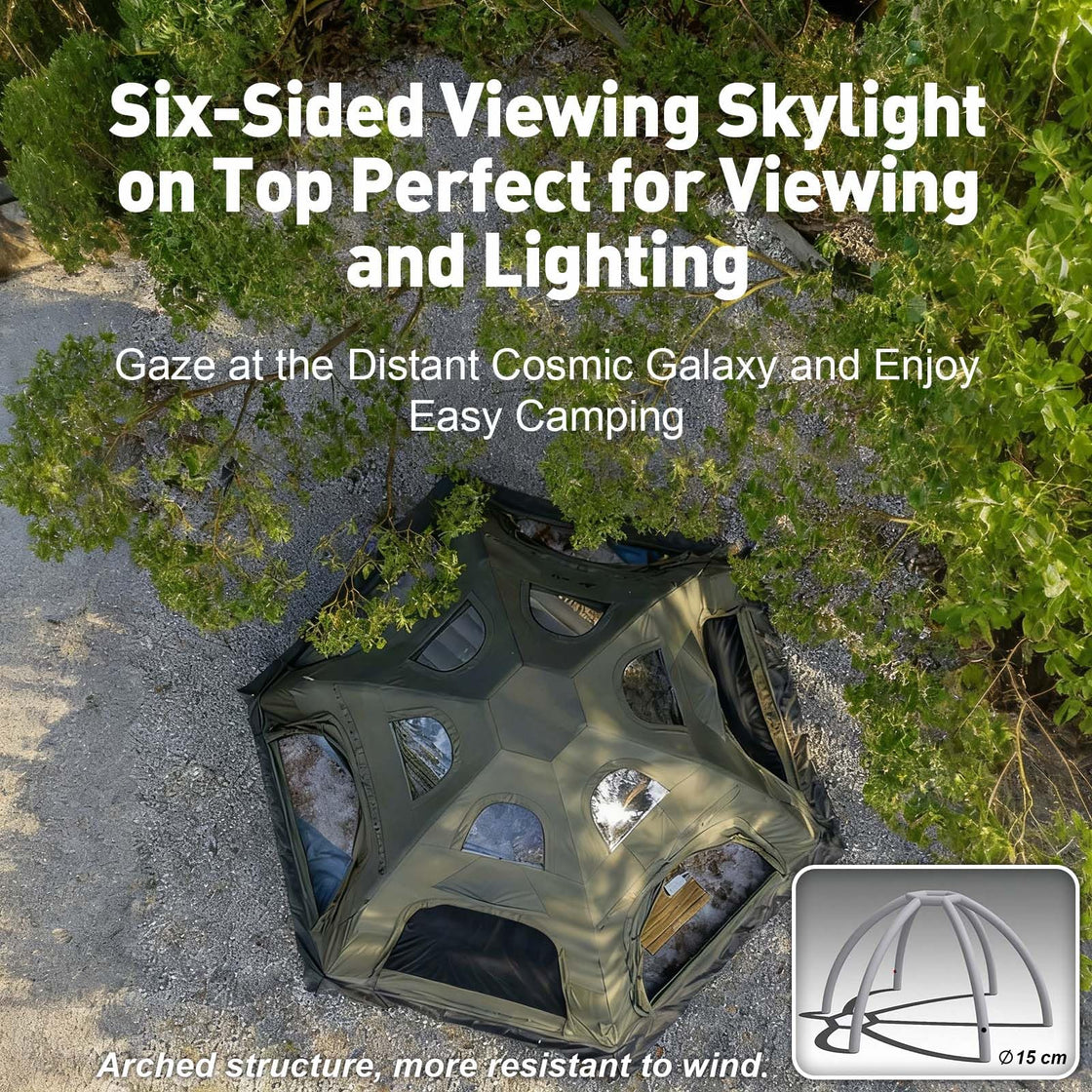 Top view of hexagonal inflatable tent with skylights in green